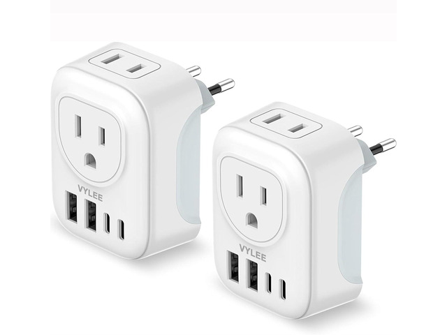 VYLEE 5-in-1 International European Travel Plug Adapter with 2 USB-A and 2 USB-C Ports