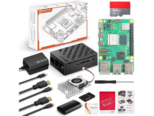 RasTech Raspberry Pi 5 16GB Kit 64GB Edition with Active Cooler,GaN 27W ...
