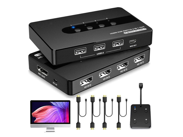 4 Port HDMI KVM Switch 4 PC 1 Monitor Selector with Remote Control