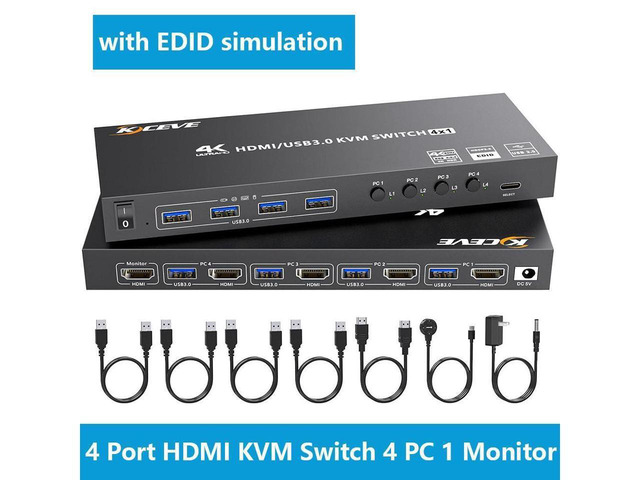 Hdmi Simulation HDMI KVM Switch 4 Computers 4K@60Hz 2K@120Hz, Simulation EDID, 4 Port ...
