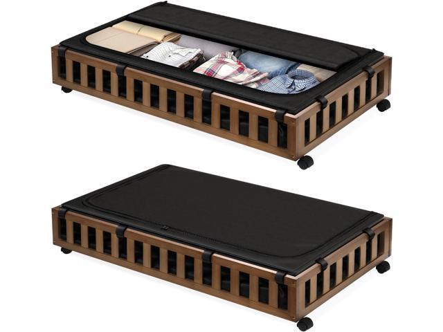 Gashell 2 Pack Bamboo Underbed Storage Containers with Wheels (Black)