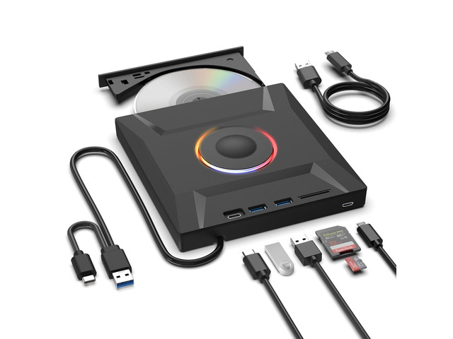 Computer Cd Player External CD DVD Drive,7 in 1 USB 3.0 and Type-C Disc Reader Writer ...