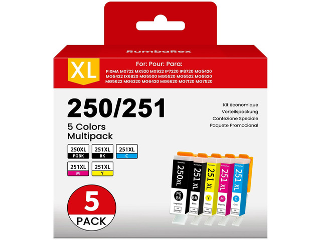 RumbaRex PGI-250XL CLI-251XL 5 Color Value Pack Replacement for Canon ...