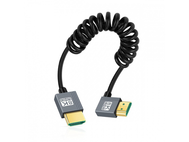 Ultra HD 8K Coiled HDMI 2.1 Cable 90 Degree Angled Connector Cord