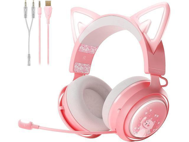 SOMIC GS510 Gaming Headset, Cat Ear Headset PC Gaming Headphones with Retractable Mic Noise Cancelling, Stereo Sound, DIY Face Covers for PC, PS4, PS5,Xbox One(Only White LED Light)-Pink