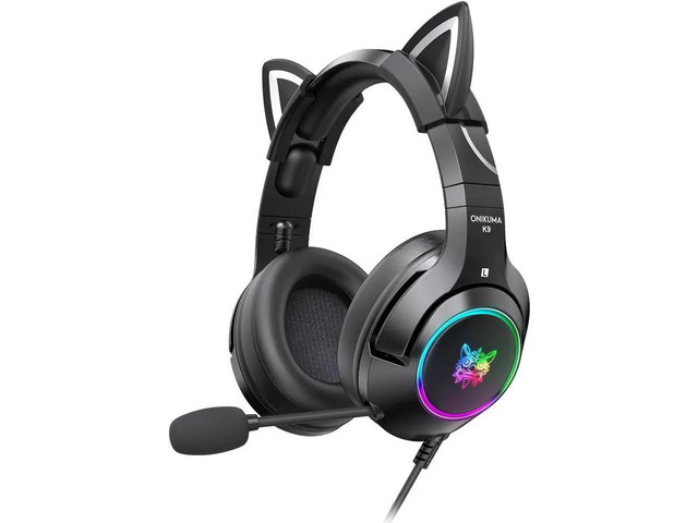 WISDUM K9 Gaming Headset with Removable Cat Ears, for PS5, PS4, Switch, PC, with Surround Sound, RGB LED Light & Noise Canceling Retractable Microphone