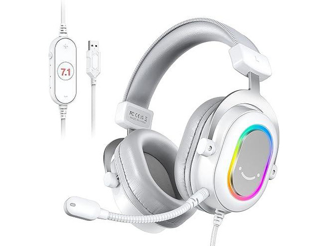 USB Gaming Headset, PC Headphones Wired with Microphone for Computer/Laptop, Over-Ear RGB Headset with 7.1 Surround Sound, Noise Cancellation for Streaming Video Game- AmpliGame H6 (White)