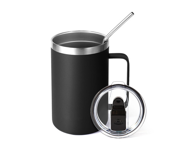 16oz Insulated Coffee Mug with Lid and Straw, Stainless Steel Travel Mugs with Handle, Double Wall Vacuum Leak Proof Coffee Tumbler Cup (Black,1) | 476142662601