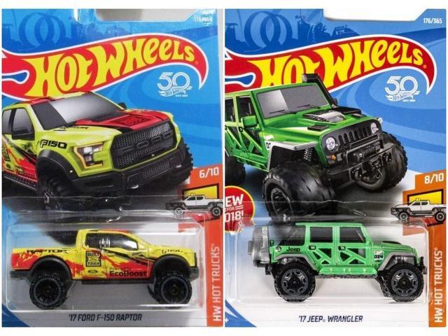 Hot Wheels 17 Ford F 150 Raptor Yellow 175365 And 17 Jeep Wrangler Green 176365 Bundle