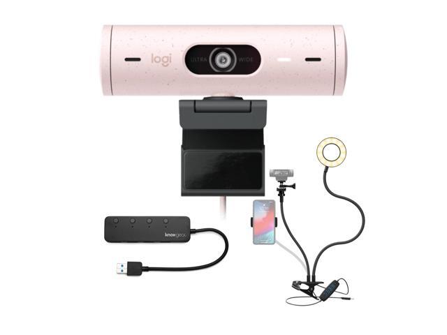 Logitech Brio 500 Webcam with Selfie Ring Light Stand and USB Hub (Rose)