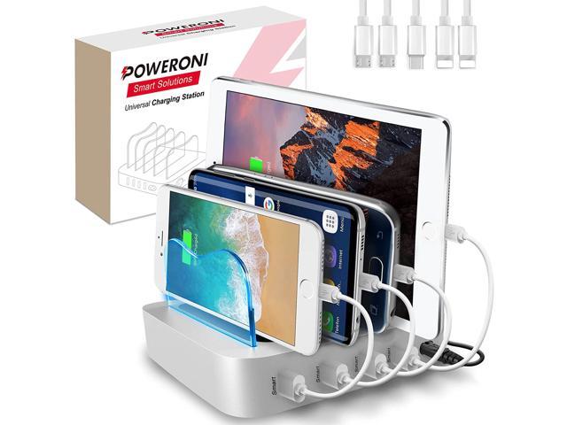 USB Charging Station for Multiple Devices Apple Android Compatible - Charging Station Organizer with 5 Cables - Fast Charge Multi Device Phone Charger Station Charging Dock (Silver 4-Port)