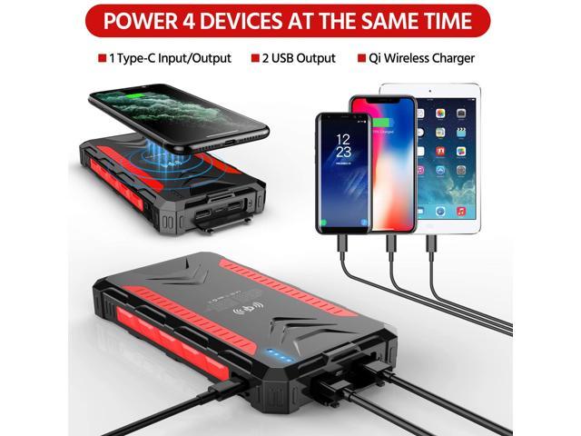 Strong Light LED Flashlights IP66 Rating Solar Charger Solar Power Bank 32800mAh Outputs 5V/3A High-Speed & 2 Inputs Huge Capacity Phone Charger for Smartphones Qi Wireless Charger Black