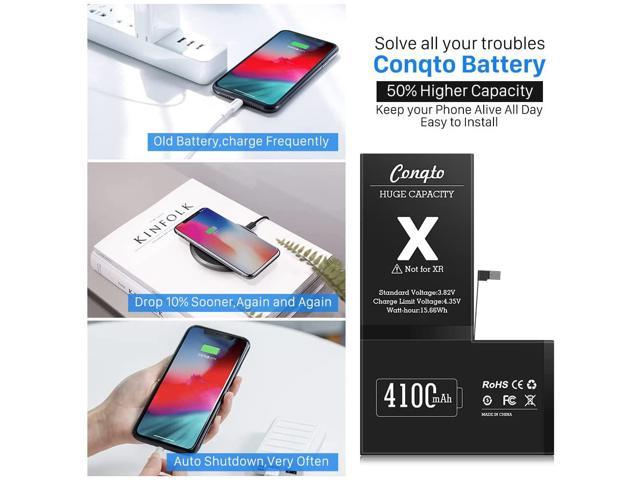 2022 New Version Battery for iPhone X, 4100mAh Conqto New Upgrade 0 Cycle Ultra High Capacity Battery Replacement for iPhone X Model A1865 A1901 A1902 with Full Set Professional Repair Tool Kits 