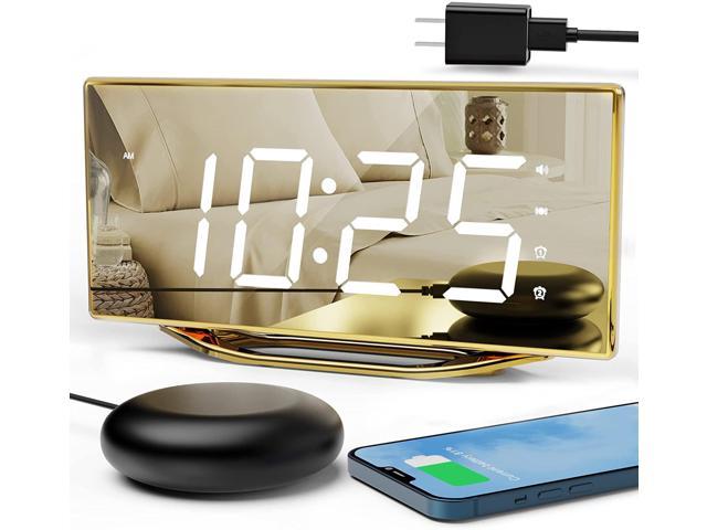 8.7'' Large Led Digital Mirror Alarm Clock with USB Charger Vibrating Alarm Clock with Bed Shaker Extra Loud Alarm Clock for Heavy Sleepers Battery Backup Snooze Dual Alarm Dimmer for Teens Adults 