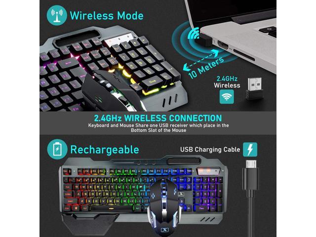  Wireless Gaming Keyboard and Mouse with Rainbow LED 16RGB  Backlit Rechargeable 4800mAh Battery Metal Panel Mechanical Ergonomic Feel  Waterproof Dustproof 7 Color Mute Mice for Laptop PC Gamer(Black) : Video  Games
