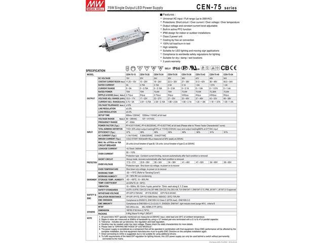 LED Power Supplies 75W 20V 3.75A W/PFC LED Power Supply 