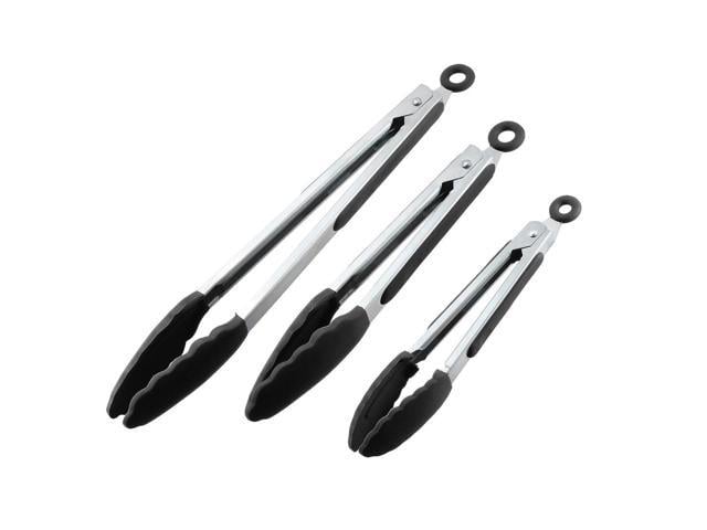 Unique-bargains Kitchen Tongs Stainless Steel Locking Tong Set of 3 7-Inch 9-Inch 12-Inch with Silicone Tip for Cooking Grilling Barbecue Black