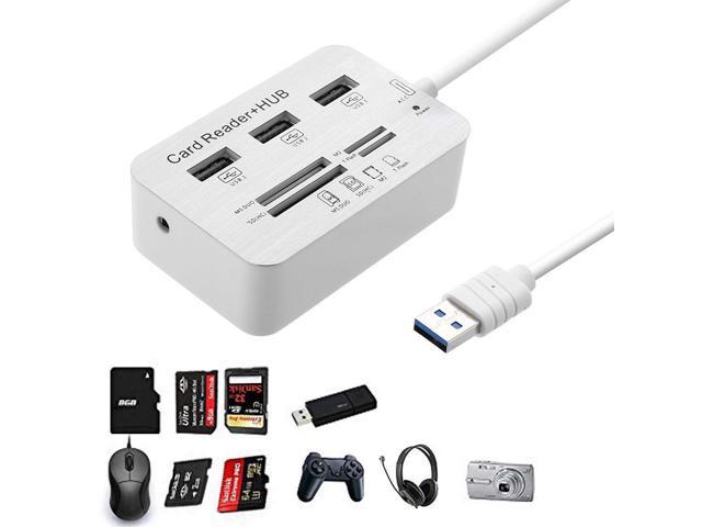 3 Port Aluminum USB 3.0 Hub with MS SD M2 TF Multi-in-1 Card Reader Portable