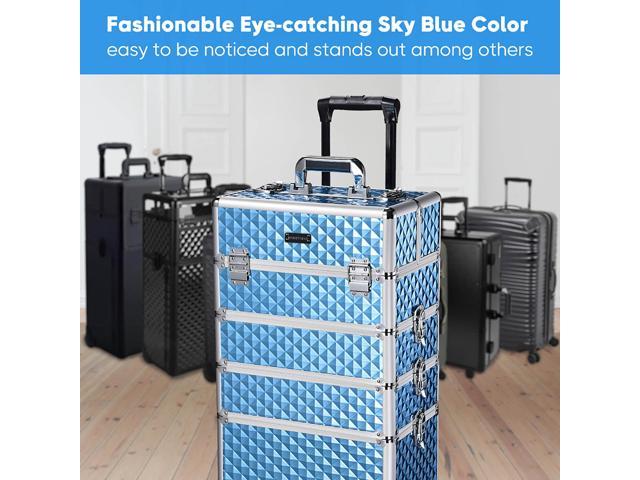 Byootique Sky Blue Rolling Makeup Case 4in1 Cosmetic Trolley Organizer  Lockable 