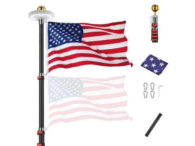 EZ GO 30 Ft Telescopic Flag Pole Kit with 26 LED Solar Light US Flag ...