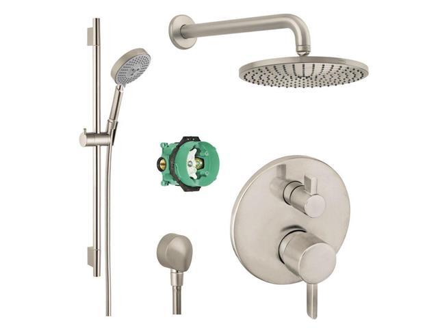 Hansgrohe Ksh04447 27474 66bn 2 Rain Shower Faucet Kit With Handshower Wallbar Pbv Trim Diverter And Rough Brushed Nickel Newegg Com