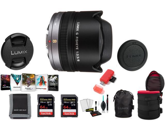 Panasonic Lumix G Fisheye 8mm f/3.5 Lens - Kit with 2x 64 Memory Cards and  More