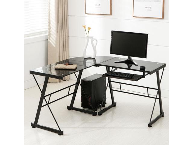 L Shape Corner Computer Desk Pc Glass Laptop Table Workstation Home Office Black Newegg Com