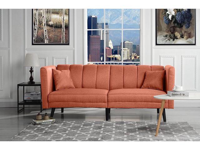 Mid Century Modern Plush Tufted Linen Fabric Living Room Sleeper Futon Orange Newegg Com