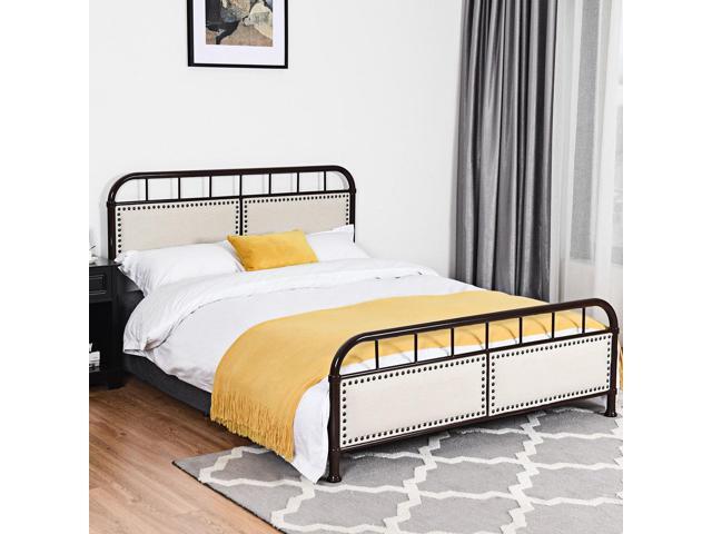 Queen Size Metal Bed Frame Platform Bed Upholstered Panel
