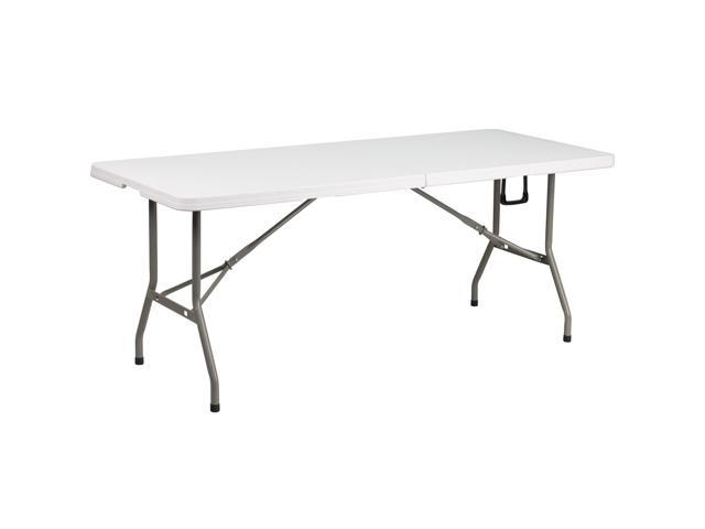 Photo 1 of 6-Foot Bi-Fold Granite White Plastic Banquet and Event Folding Table with Carrying Handle