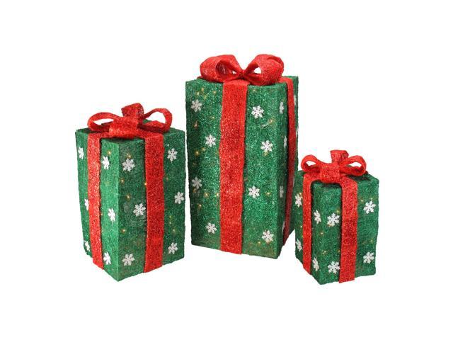 Set Of 3 Lighted Green Sisal Gift Boxes Christmas Outdoor