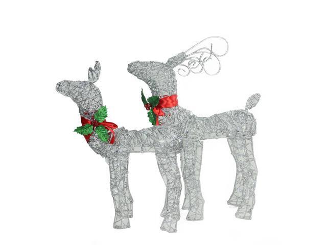 Set Of 2 Led Lighted Silver And Red Glitter Buck And Doe Reindeer