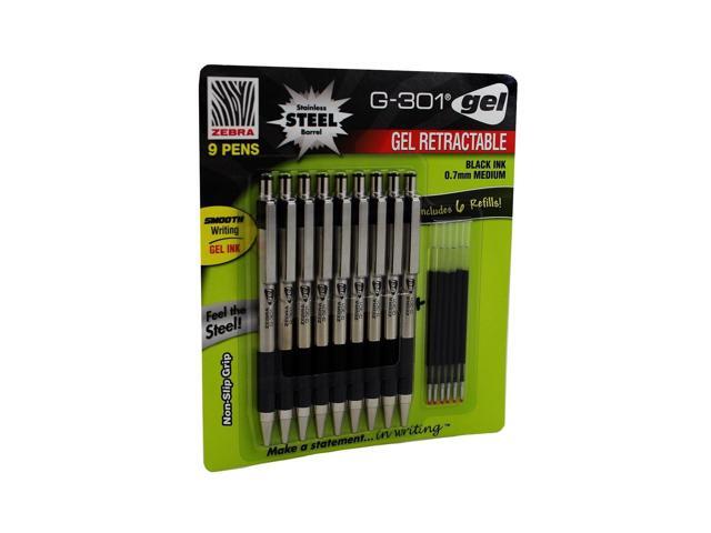 Zebra G-301 Gel Stainless Steel 9 Pack w// 6 Refill Cartridges