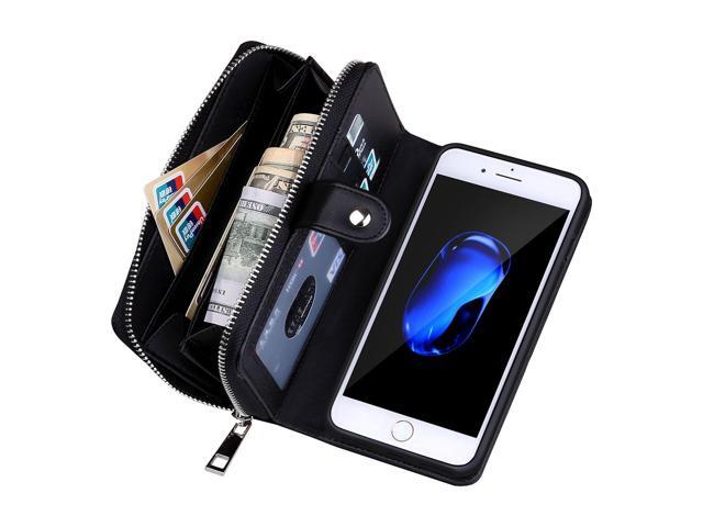 Black Card Slots for iPhone 7 // iPhone 8 4.7-inches Version Urvoix iPhone7 // iPhone 8 Case Woven Skin Leather Zipper Wallet Detachable // Separable Magnetic Back Shell Cover // Hand Strap
