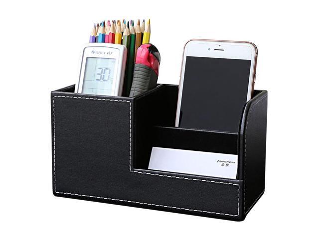 Multi-Function Desk Stationery Organizer Storage Box Pen Pencil Holder Business Cards Stand Mobile Phone//Remote Control Holder Office Supplies Holder Collection Desktop Organizer Brown