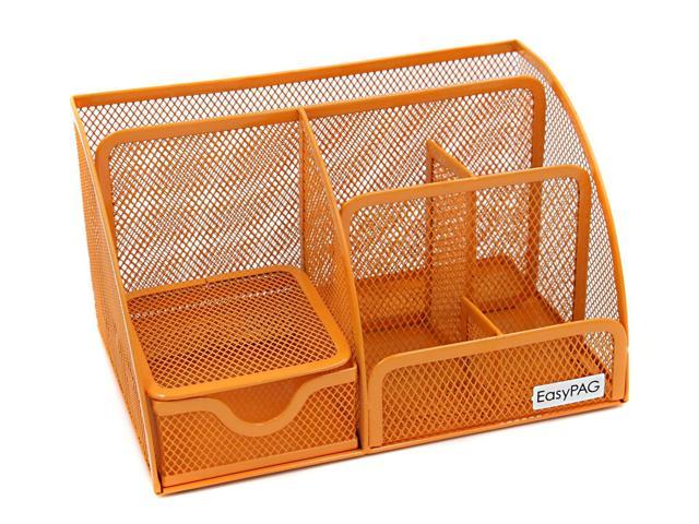 EasyPAG Mesh Desktop Organizer 6 Compartment Office Desk Organizers Supply Caddy with Drawer Orange 