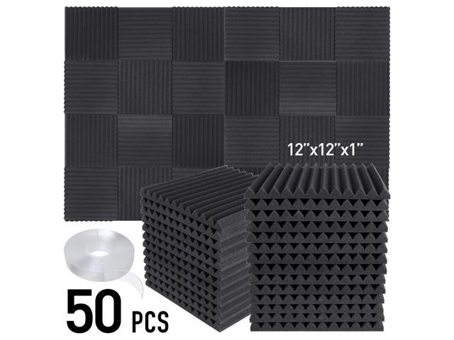 Focusound 50 Packs Acoustic Foam Panels Wedge Soundproof Studio Wall Tiles Sound Absorbing with Double Side Adhesive Tape, 1" X 12" X 12"