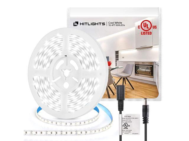 CRI 91.5 48W HitLights Cool White LED Strip Lights 5000K 12V DC LED Tape Lights for Kitchen Under Cabinet Decoration UL-Listed Premium High Density 16.4ft 600LED