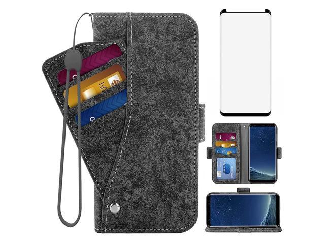 Phone Case for Samsung Galaxy S8 with Tempered Glass Screen Protector and Card Holder Wallet Cover Stand Flip Leather Slim Soft TPU Cell Accessories Glaxay S 8 8S Edge SM-G950U Cases Women Rose Gold