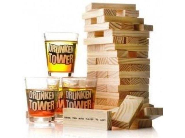 Wooden Building Blocks Drunken Tower Jenga Party Drinking Games 4 Shot Glas...