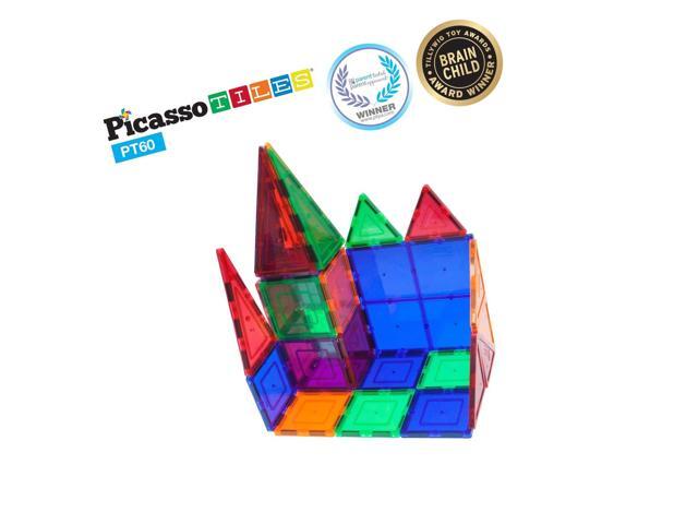 PicassoTiles 60 Piece Set 60pcs Magnet Building Tiles Clear Magnetic 3D Building