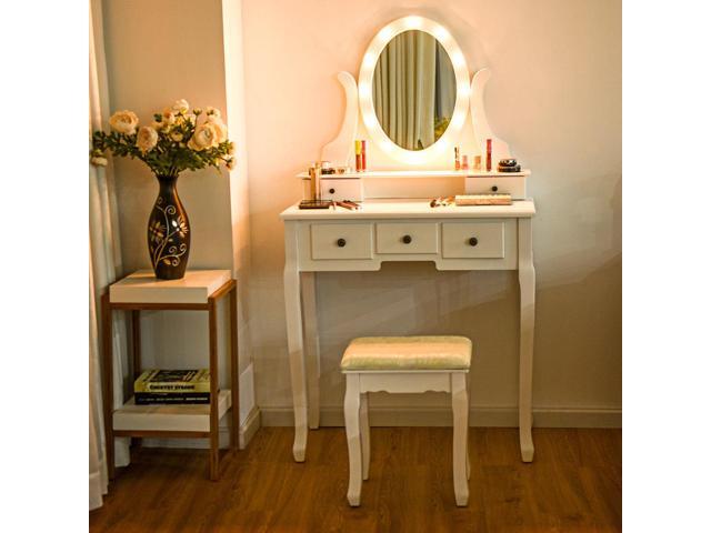 5 Drawers Vanity Makeup Dressing Table Stool Set Lighted Mirror W
