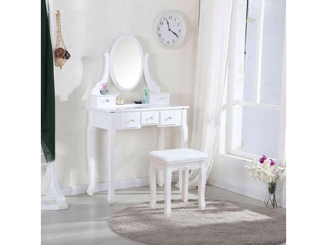 White Vanity Dressing Table Set With Mirror Stool 5 Drawers Makeup Desk Bedroom Newegg Com