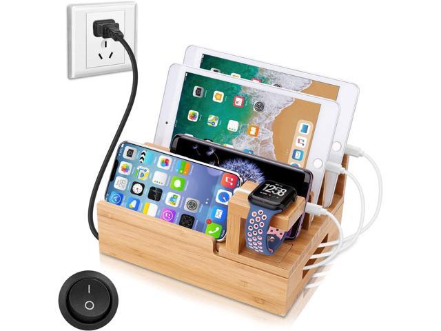 OthoKing Charging Station Organizer,Fast Charging Station for Multiple Device 5-Port USB Bamboo Wood Charging Dock,Universal Apple Watch Phone Pad and Android Like Samsung Cell Phones & Tablets