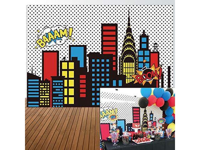 Allenjoy 7x5ft Baby Shower Backdrops Blue Super City Skyline Buildings Children Boy 1st Themed Birthday Photography Party Event Banner Photo Studio Booth Background Baby Shower Photocall