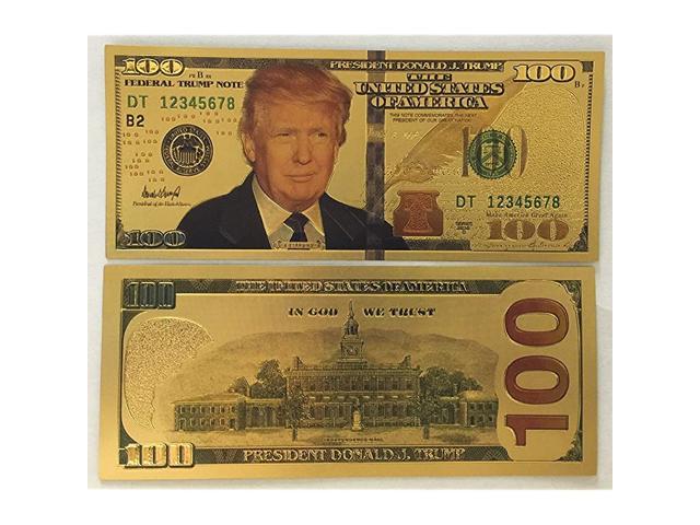 24k Gold Plated US Dollar Bill Donald Trump Cash Banknote 2pcs 1 ABS Gift Bag 