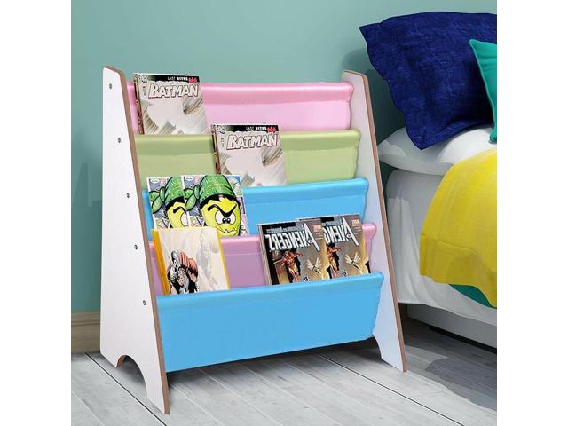 Wood Kids Book Shelf Sling Storage Rack Organizer Bookcase Display Holder White Newegg Com