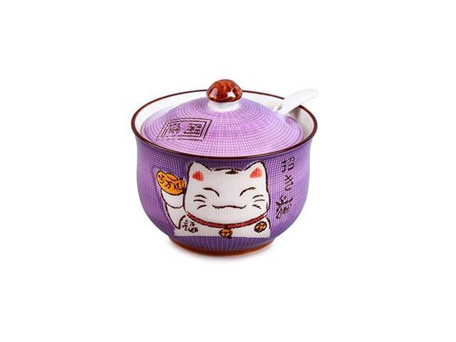 Ceramic Japanese Lucky Cat Sugar Bowl Salt Storage Jar with Lid and Spoon 