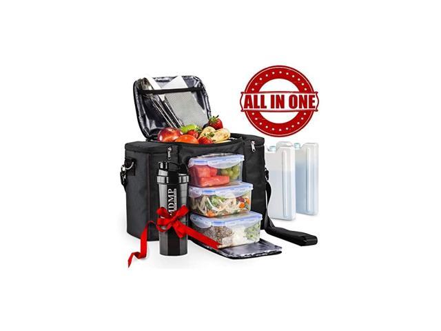 Meal Prep Lunch Bag / Box for Men, Women + 3 Large Food Containers (45 oz.) + 2 Big Reusable Ice Packs + Shoulder Strap + Shaker with Storage.