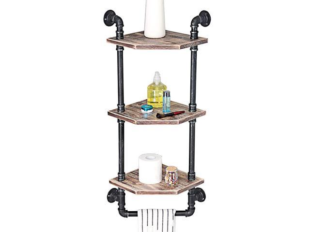 Industrial Pipe Shelf,Rustic Corner Shelves with Towel Bar,Bathroom Shelves Wall Mounted,3 Tiered Metal&Real Wood Home Decor Floating Shelves